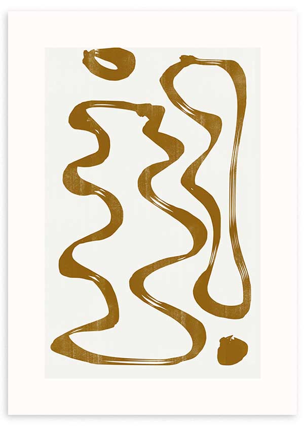 Quadro com composição abstrata de linhas onduladas e formas orgânicas em tom mostarda dourado sobre fundo branco, de estilo minimalista e contemporâneo. Disponível em kudeko.com