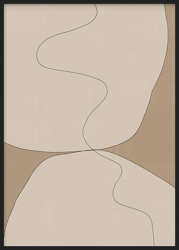 Quadro com formas orgânicas em bege, areia e creme, linha ondulada preta, composição equilibrada e estilo minimalista em tons neutros. Disponível em kudeko.com