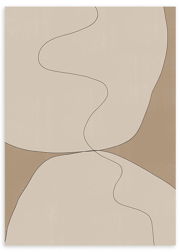 Quadro com formas orgânicas em bege, areia e creme, linha ondulada preta, composição equilibrada e estilo minimalista em tons neutros. Disponível em kudeko.com
