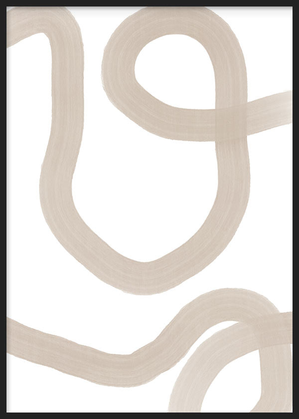 Quadro abstrato emoldurado com linhas orgânicas em bege areia sobre fundo branco, formas curvas amplas e estilo depurado, luminoso e equilibrado para decoração de parede contemporânea. Disponível em kudeko.com