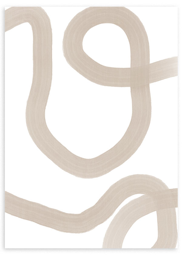 Quadro abstrato emoldurado com linhas orgânicas em bege areia sobre fundo branco, formas curvas amplas e estilo depurado, luminoso e equilibrado para decoração de parede contemporânea. Disponível em kudeko.com