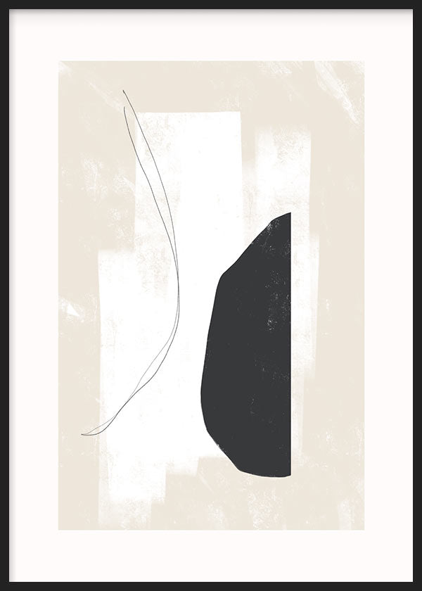 Cuadro de formas abstractas orgánicas en negro, blanco roto y beige, con línea curva fina y composición serena de estilo abstracto. Disponible en kudeko.com