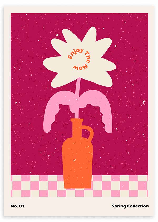 lámina decorativa de ilustración divertida y colorida de flor y jarrón, rosa fuerte - kudeko