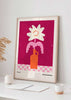 decoración con cuadros, ideas - lámina decorativa de ilustración divertida y colorida de flor y jarrón, rosa fuerte - kudeko