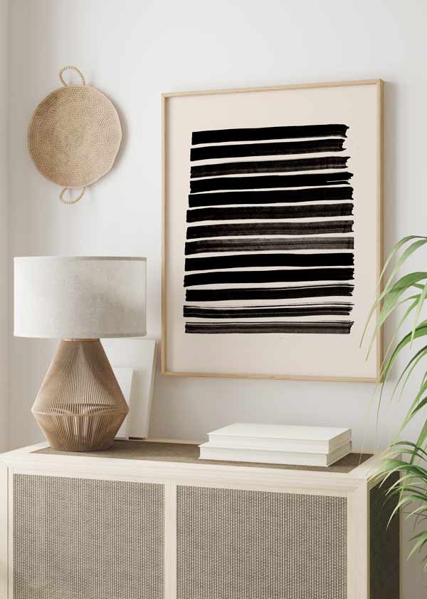 decoración con cuadros, ideas - lámina decorativa abstracta y geométrica de estilo decorativo minimalista, líneas negras - kudeko