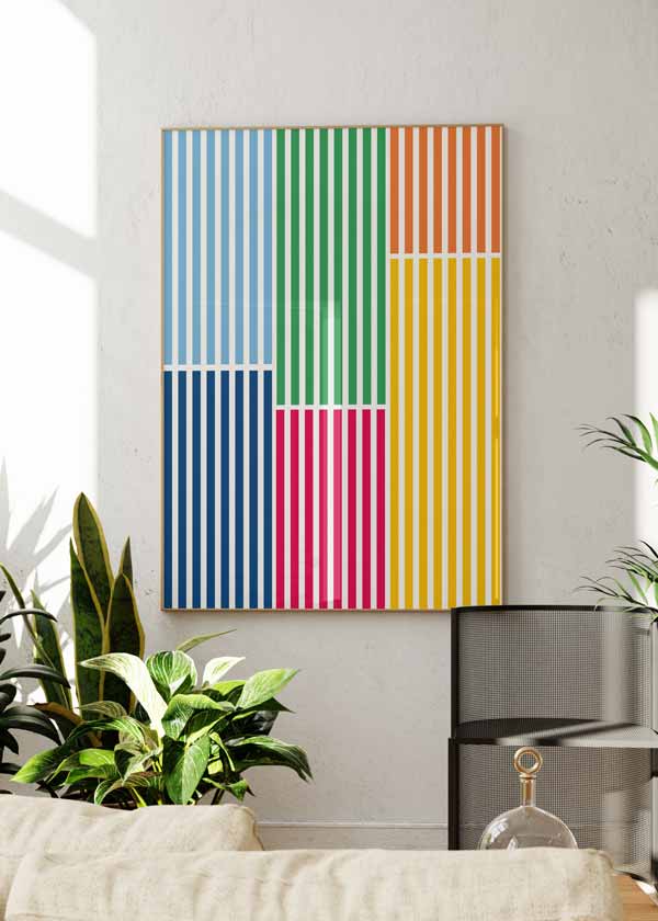 decoración con cuadros, ideas - lámina decorativa colorida y geométrica con líneas verticales minimalistas en varios colores - kudeko