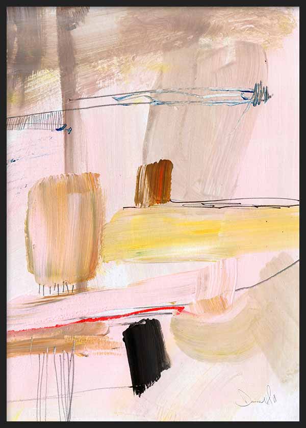 Cuadro con composición abstracta en tonos rosa empolvado, beige, amarillo suave, marrón y negro, con formas libres y líneas finas de estilo abstracto. Disponible en kudeko.com