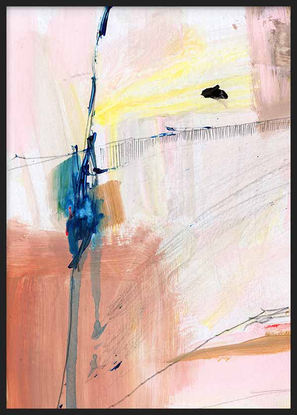 Cuadro con composición abstracta en tonos rosa empolvado, beige, blanco, azul intenso y amarillo suave, con líneas sutiles y acentos oscuros de estilo abstracto. Disponible en kudeko.com