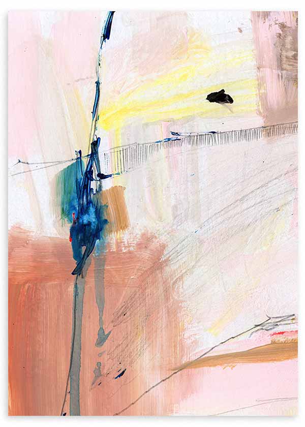 Tableau abstrait encadré avec composition en rose poudré, beige, blanc, bleu profond, jaune clair et fines lignes noires, dans un style contemporain et aérien. Disponible sur kudeko.com