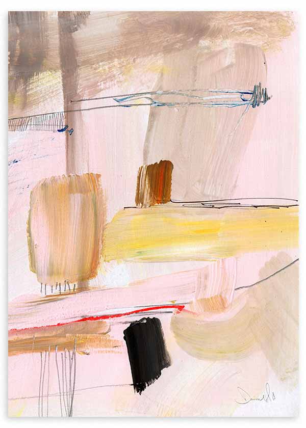 Tableau avec composition abstraite en rose poudré, beige, jaune doux, brun et noir, formes libres et lignes fines dans un style contemporain épuré. Disponible sur kudeko.com