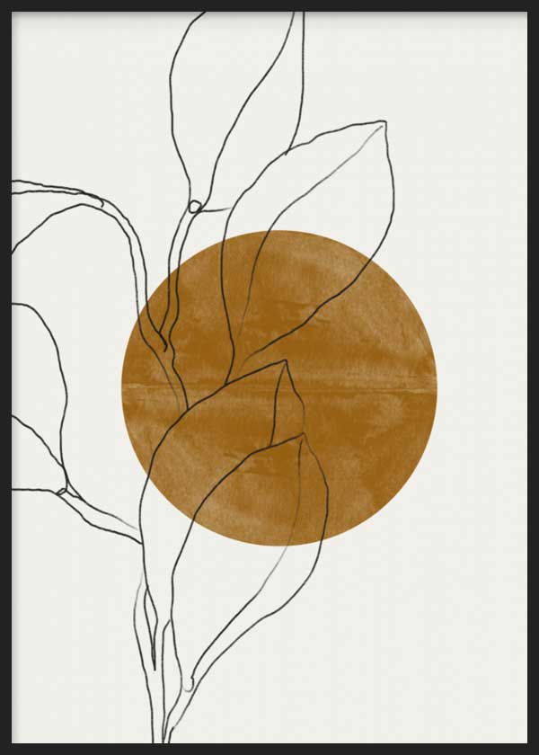 Cuadro con hojas botánicas de líneas negras finas, gran círculo ocre central, fondo blanco y composición limpia de estilo minimalista. Disponible en kudeko.com