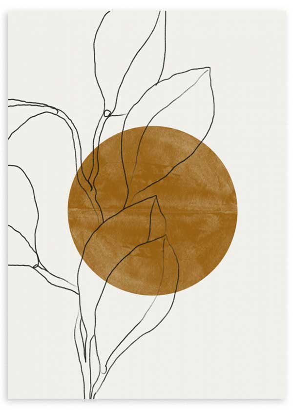 Wandbild mit botanischen Blättern in feinen schwarzen Linien, großem ockerfarbenem Kreis, weißem Hintergrund und klarer Komposition im minimalistischen Stil. Erhältlich auf kudeko.com