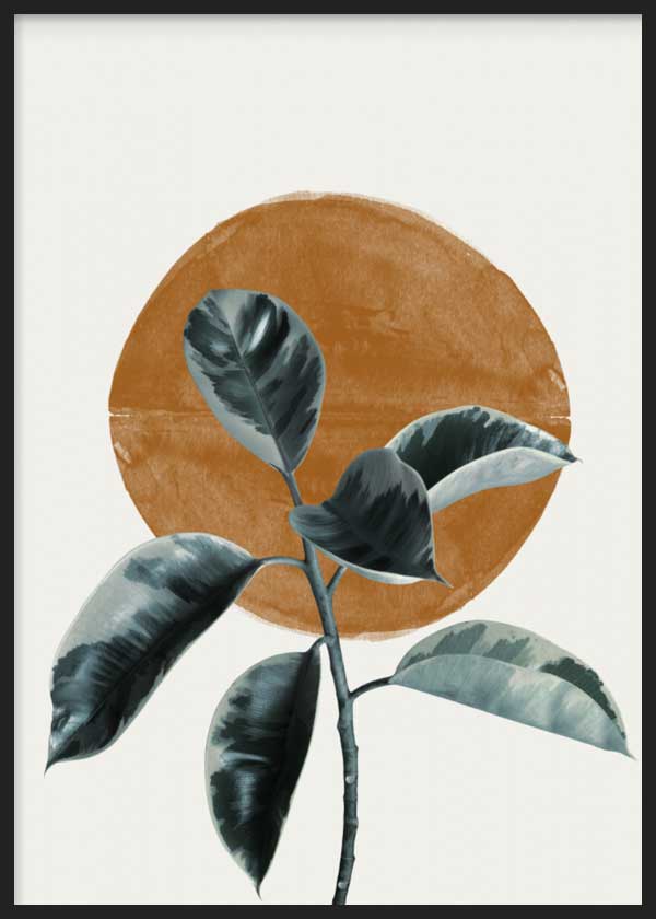 Cuadro con planta de hojas grandes en gris azulado, negro y verde apagado, sobre círculo terracota y fondo claro, de estilo minimalista. Disponible en kudeko.com