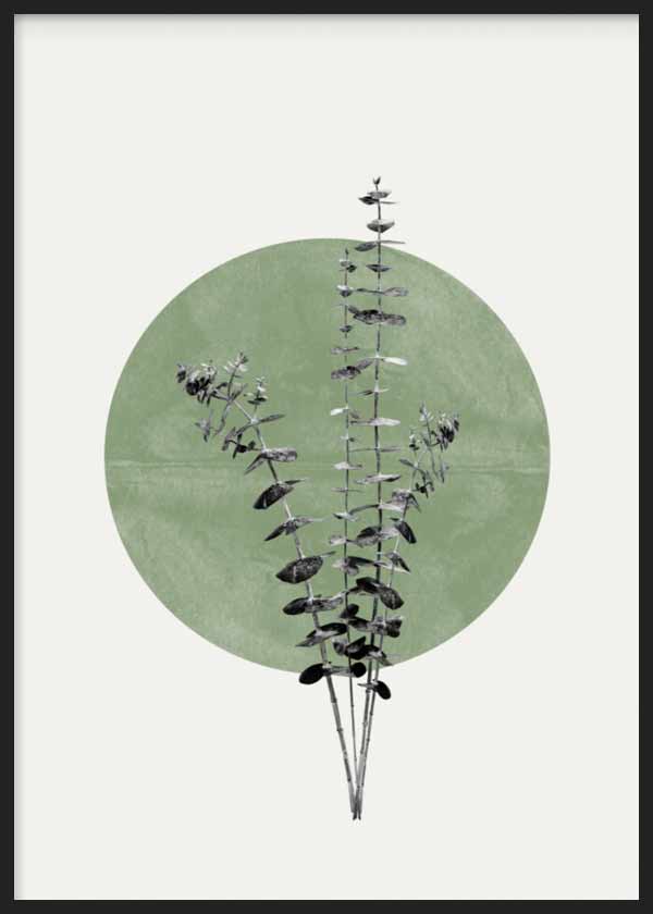 Cuadro con composición botánica de tallos finos, hojas oscuras y círculo verde salvia sobre fondo claro, de estilo minimalista. Disponible en kudeko.com