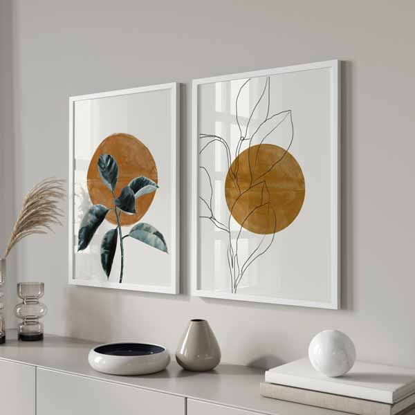 decoración con cuadros, mural - lámina decorativa con flor y sol en estilo abstracto y colores tierra y beige - kudeko
