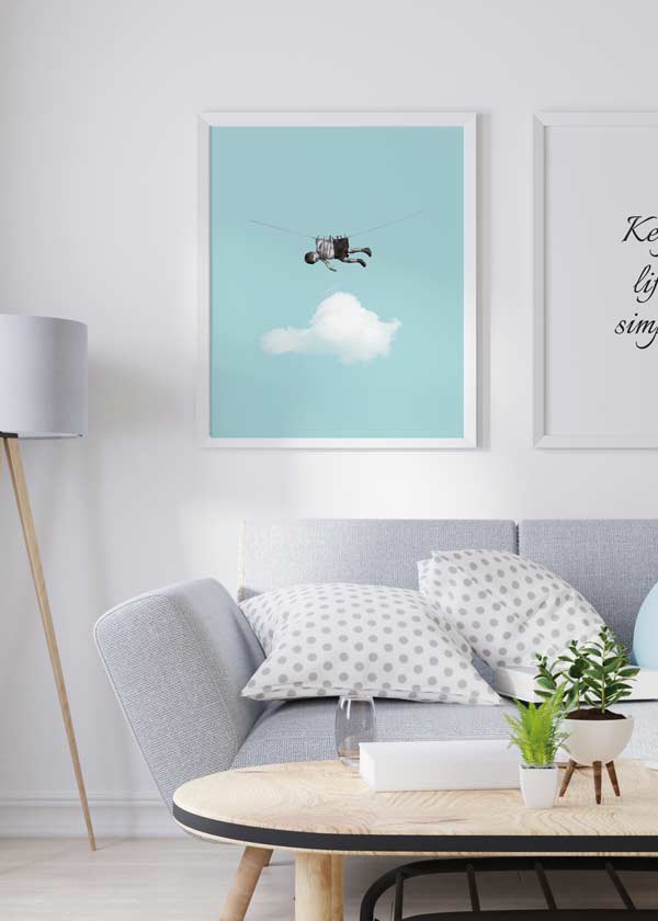 Decoración con cuadros, ideas -  cuadro colage de niño sobre fondo azul y nubes, cuadro infantil. Lámina decorativa.