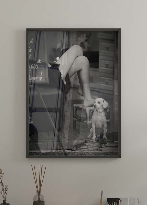 decoración con cuadros, ideas - lámina decorativa en blanco y negro y fotográfica de mujer sentada con un perro - kudeko