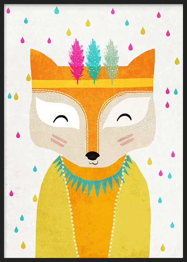 Cuadro con zorro simpático en tonos naranja, amarillo, crema, rosa y turquesa, con plumas decorativas y gotas de colores, de estilo infantil. Disponible en kudeko.com