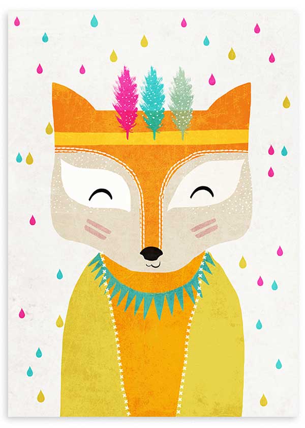 Cuadro con zorro simpático en tonos naranja, amarillo, crema, rosa y turquesa, con plumas decorativas y gotas de colores, de estilo infantil. Disponible en kudeko.com