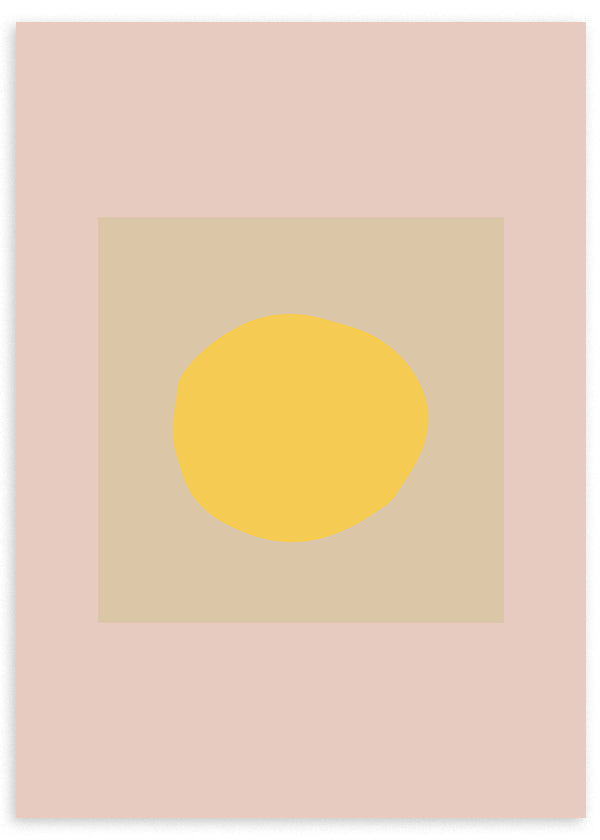 Cuadro con sol circular amarillo centrado sobre fondo beige y rosa empolvado, composición limpia de estilo minimalista. Disponible en kudeko.com