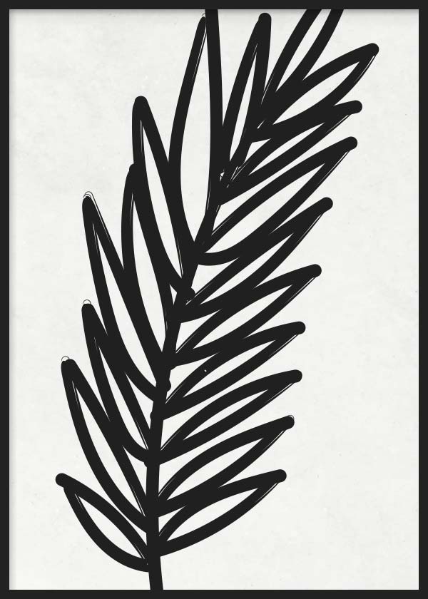 Gerahmtes Wandbild mit schwarzem tropischem Blatt auf gebrochen weißem Hintergrund, kontrastreiche botanische Komposition im minimalistischen Stil mit klaren Linien. Erhältlich auf kudeko.com