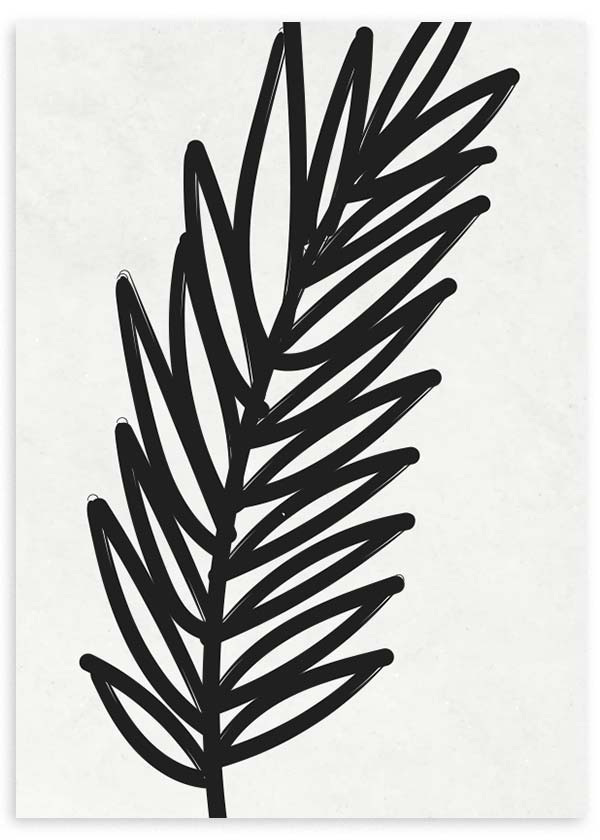 Cuadro con hoja tropical negra de gran formato sobre fondo blanco roto, composición botánica de alto contraste y estilo minimalista. Disponible en kudeko.com
