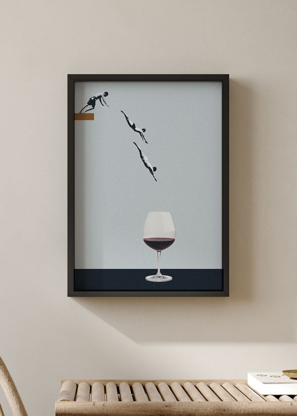 decoración con cuadros, ideas - lámina decorativa collage vintage de hombre tirándose de trampolín a copa de vino - kudeko