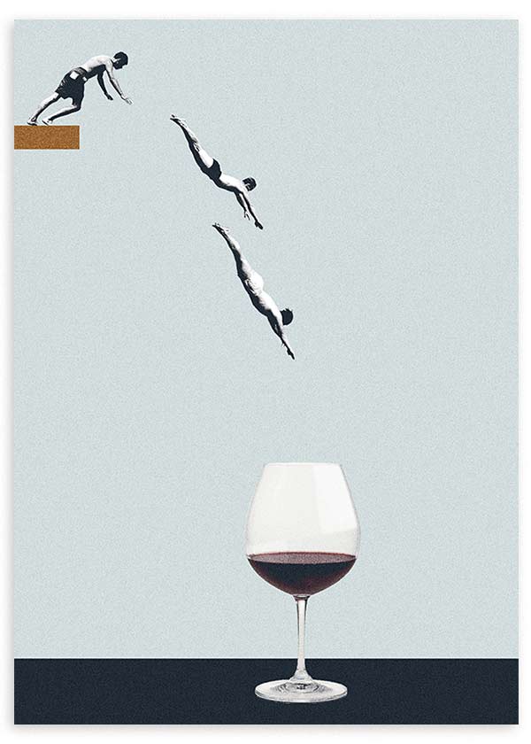 lámina decorativa collage vintage de hombre tirándose de trampolín a copa de vino - kudeko