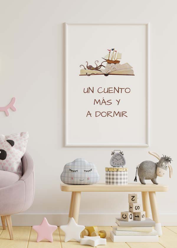 Decoración con cuadros, ideas -  cuadro infantil con frase "un cuento más y a dormir". Lámina decorativa infantil con frase para dormir.