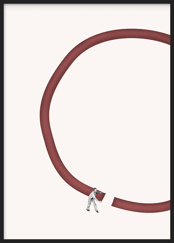 Quadro emoldurado com círculo incompleto vermelho tijolo, fundo marfim, pequena figura humana e composição abstrata minimalista de linguagem visual simbólica. Disponível em kudeko.com