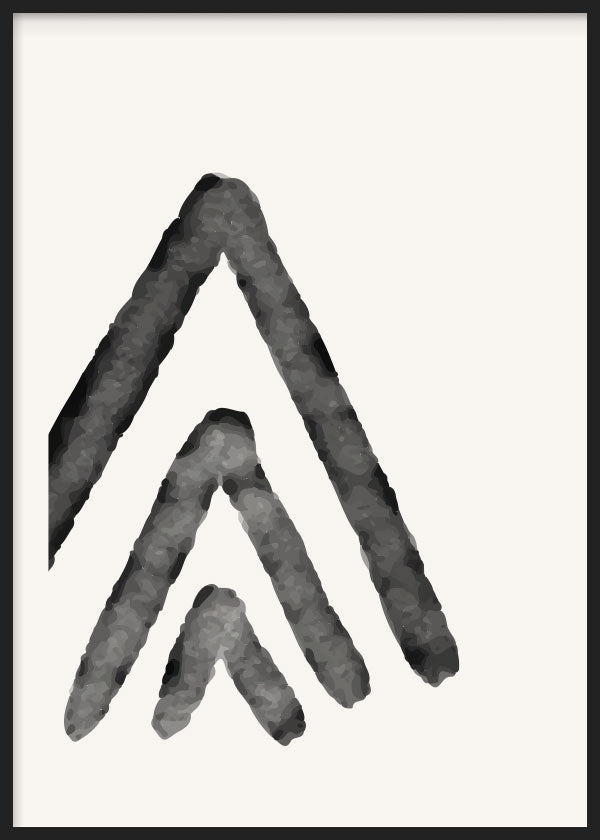 Cuadro de composición abstracta con tres formas angulares en gris oscuro y negro sobre fondo blanco roto, de estilo abstracto. Disponible en kudeko.com