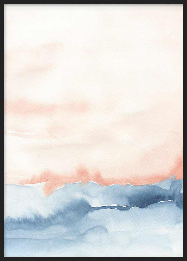 Cuadro con paisaje abstracto de horizonte suave en tonos azul grisáceo, celeste, rosa empolvado y fondo claro, con composición etérea y serena de estilo abstracto. Disponible en kudeko.com