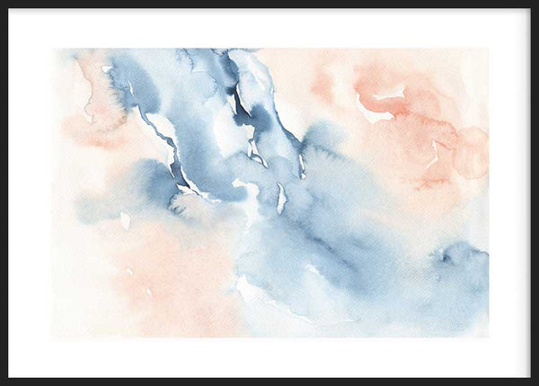 Cuadro horizontal con formas abstractas fluidas en azul suave, blanco y rosa empolvado, composición ligera y atmósfera serena de estilo abstracto. Disponible en kudeko.com