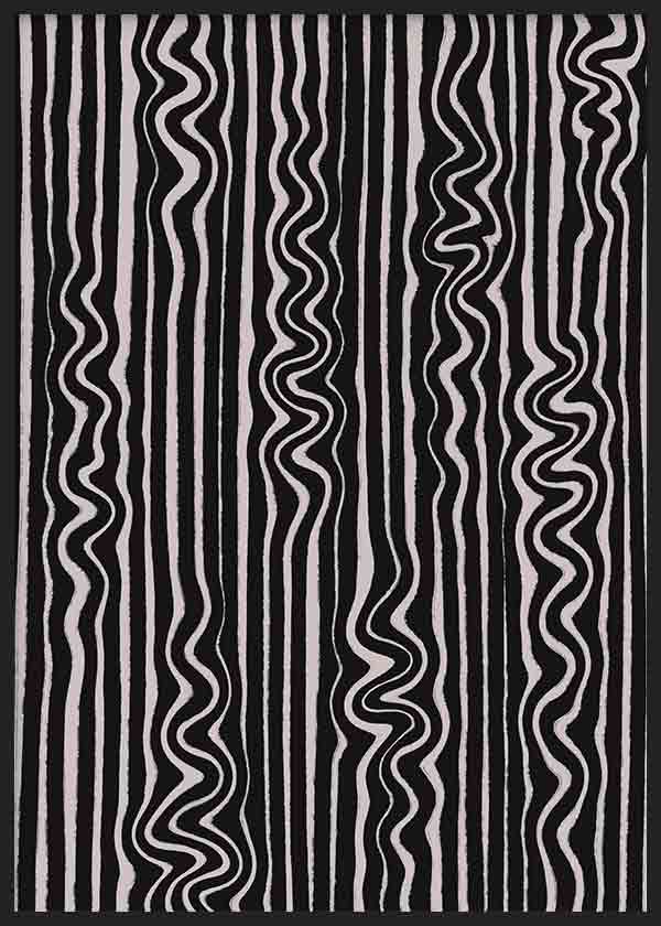 Quadro com linhas onduladas pretas, faixas verticais irregulares, fundo branco pérola e composição gráfica de estilo abstrato para decoração de parede contemporânea. Disponível em kudeko.com