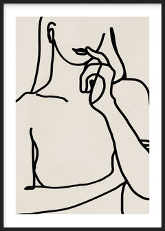 Wandbild mit weiblicher Silhouette in schwarzen Linien auf hellbeigem Hintergrund, mit Oberkörper, Lippen und Hand in eleganter minimalistischer Komposition im modernen Stil. Erhältlich auf kudeko.com