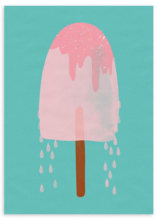 lámina decorativa infantil de ilustración de helado rosa sobre fondo azul- kudeko