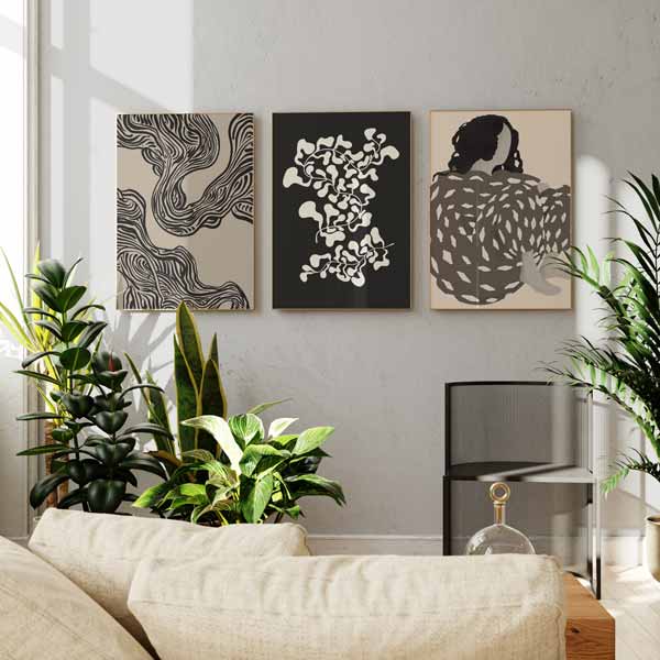 decoración con cuadros, ideas - lámina decorativa de ilustración abstracta con trazos en negro sobre fondo beige verdoso - kudeko