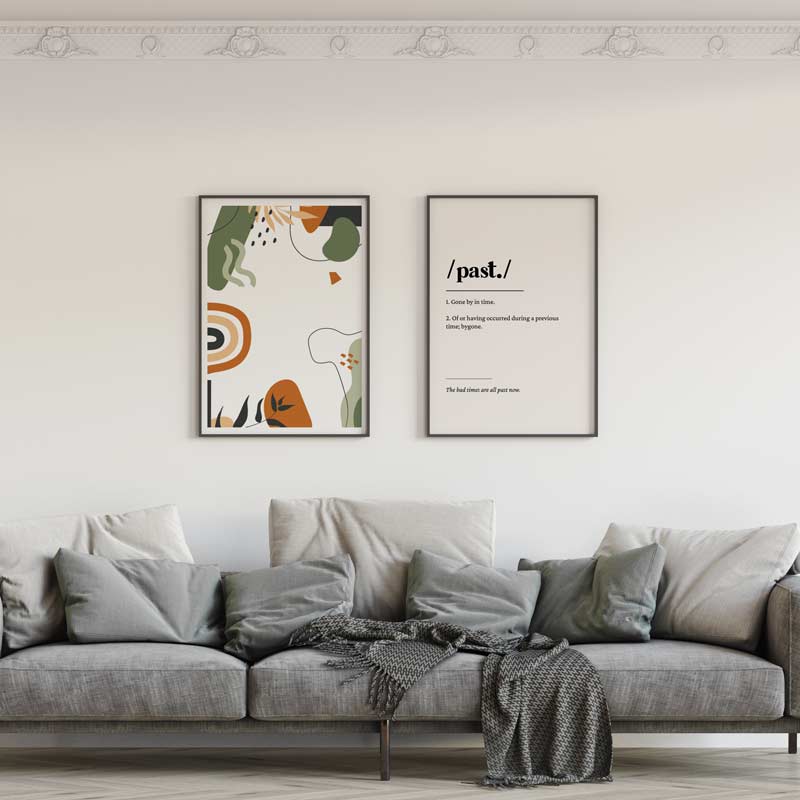 Decoración con cuadros, mural -  cuadro abstracto con tonos verdes y naranjas vegetales sobre fondo blanco. Lámina decorativa.