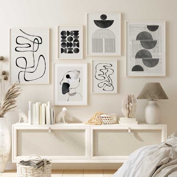 decoración con cuadros, mural - lámina decorativa abstracta y geométrica en blanco y negro, ilustración - kudeko