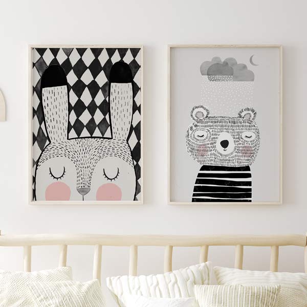 decoración con cuadros, ideas - lámina decorativa infantil de ilustración de conejo en blanco y negro - kudeko