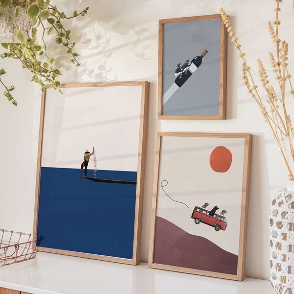decoración con cuadros, mural - lámina decorativa colorida de collage vintage en tono azul - kudeko