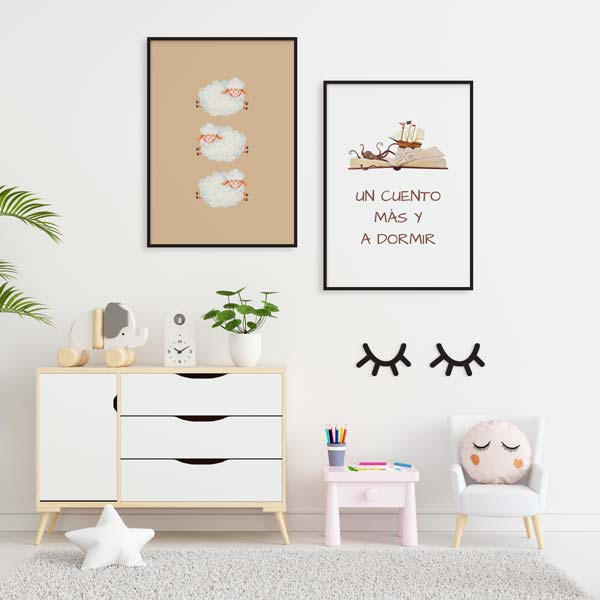 Decoración con cuadros, mural -  cuadro infantil con frase "un cuento más y a dormir". Lámina decorativa infantil con frase para dormir.