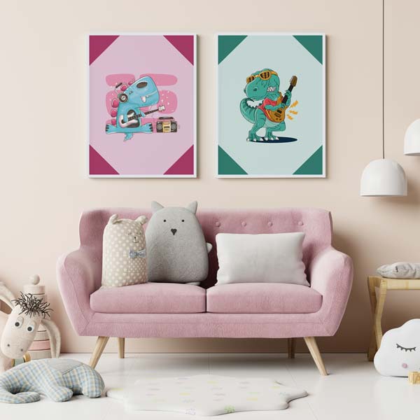 Decoración con cuadros, mural -  cuadro infantil de dinosaurio rockero en colores verdes. Lámina decorativa infantil de dinosaurio.