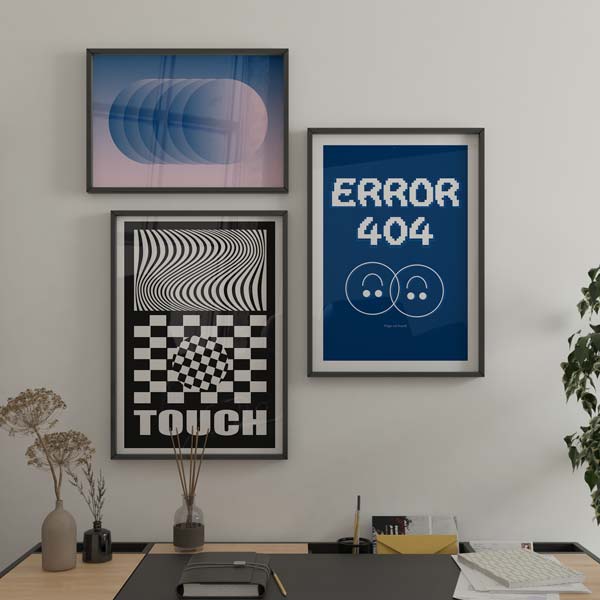 decoración con cuadros, ideas - lámina decorativa horizontal de ilustración colorida y geométrica con círculos y gradiente en azul y morado - kudeko
