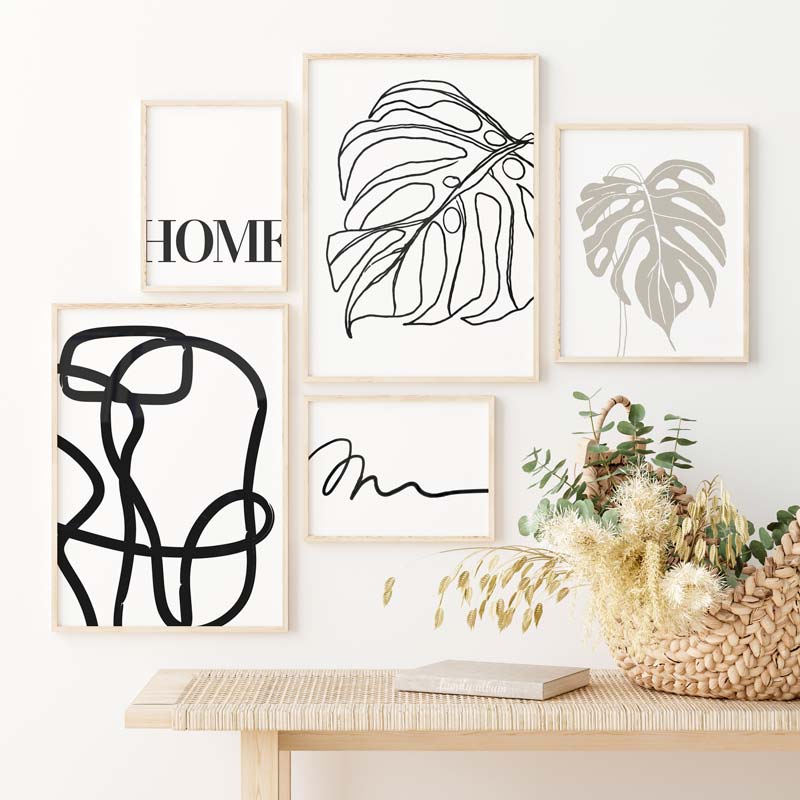 Decoración con cuadros, mural -  lámina decorativa nórdica con hoja en beige y fondo blanco