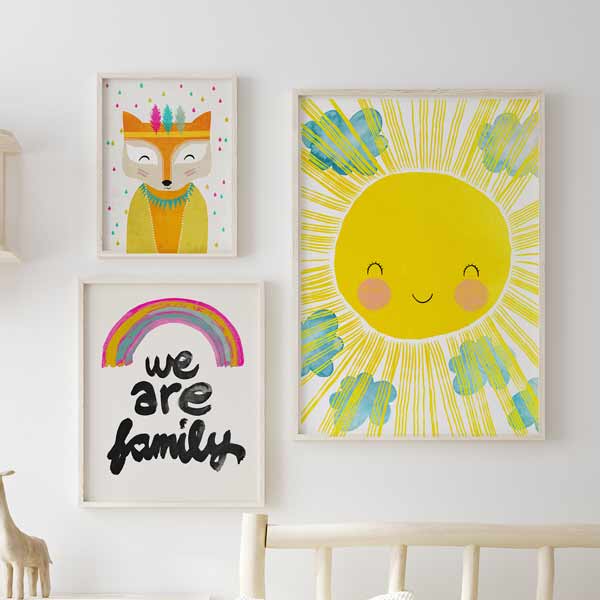 decoración con cuadros, ideas - lámina decorativa infantil de ilustración de sol colorida - kudeko