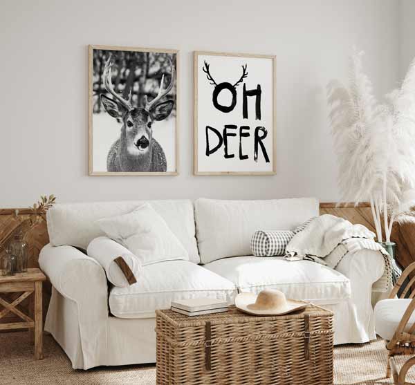 decoración con cuadros, ideas navidad - cuadro navideño con frase "Oh Deer" en blanco y negro - kudeko