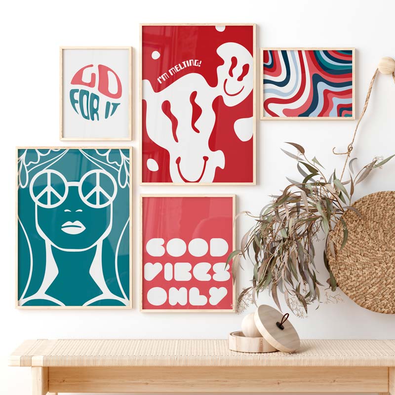 Decoración con cuadros, mural -  Decoración con cuadros, ideas -  lámina decorativa lámina decorativa de ilustración smiley face (cara feliz, emoji sonrisa) color rojo brillante. Cuadro para estudio.