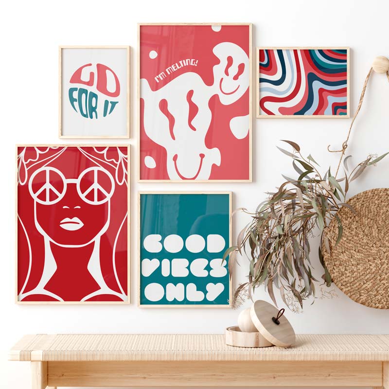 Decoración con cuadros, mural -  lámina decorativa colorida y psicodélica en colores rojo, blanco y azul