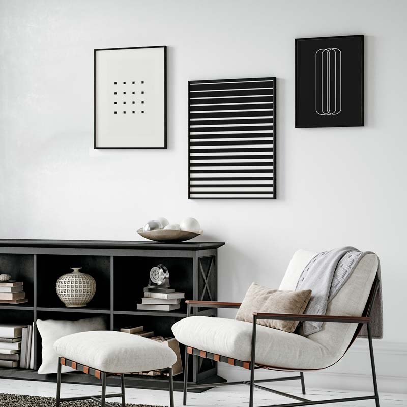 Decoración con cuadros, mural -  lámina decorativa en blanco y negro y geométrica con líneas de estilo degradado monocromático